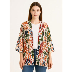 Zara Hanoi Kimono Top Medium Ikat Print Colorful Pockets‎ Linen Blend NO BELT